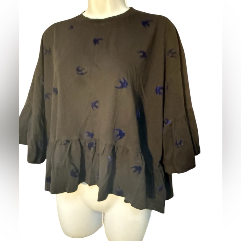 Alexander McQueen McQ Black Blue Velvet Swallow Flock Ruffled T Shirt - Picture 3 of 10